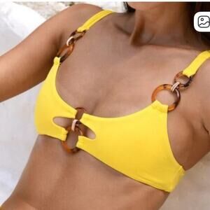 BAHIMI Tulum Banana Cabana Yellow Bikini top with Ring Accents NEW size XL